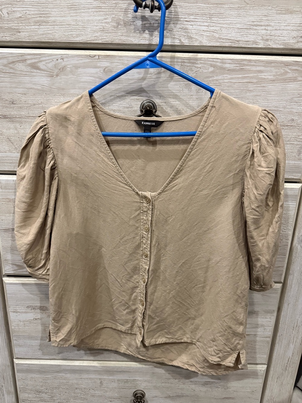 Express Women's Taupe Puff-Sleeve Button Front Top